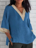 Women’s Summer V-Neck Cotton And Linen Solid Color Blouse Blue / S