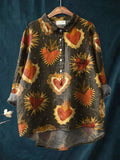 Vintage Lovely Hearts Art Print Casual Cotton And Linen Shirt Multicolor / S