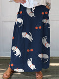 Lovely Cartoon Cat And Cherry Pattern Printed Women’s Linen Pocket Skirt Multicolor / S