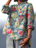 Women’s Vintage Lovely Tulips Art Print Casual Cotton And Linen Shirt