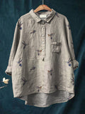 Simple Hummingbird Repeat Pattern Printed Women’s Casual Cotton And Linen Shirt Sand / S