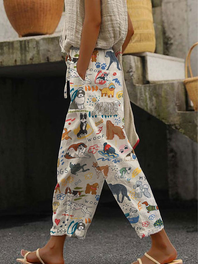 Women’s Cute Dog Printed 100% Cotton Casual Pants Multicolor / S