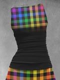 Women's Rainbow Black Plaid Gradient Art Design Maxi Dress