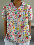 Hand Drawing Style Floral Garden Pattern Printed Women’s Casual Cotton And Linen Shirt Multicolor