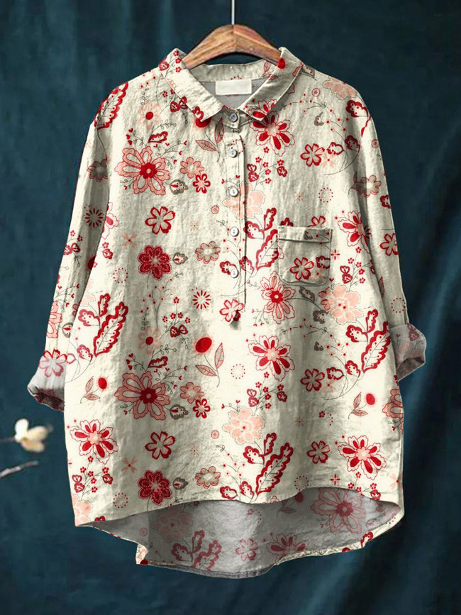 Women’s Floral Art Print Casual Cotton And Linen Shirt Multicolor / S