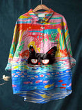 Women’s Black Cat Art Print Casual Cotton And Linen Shirt Multicolor / S