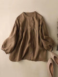 Women’s Solid Color Lantern Sleeve Cotton And Linen Blouse Khaki / M