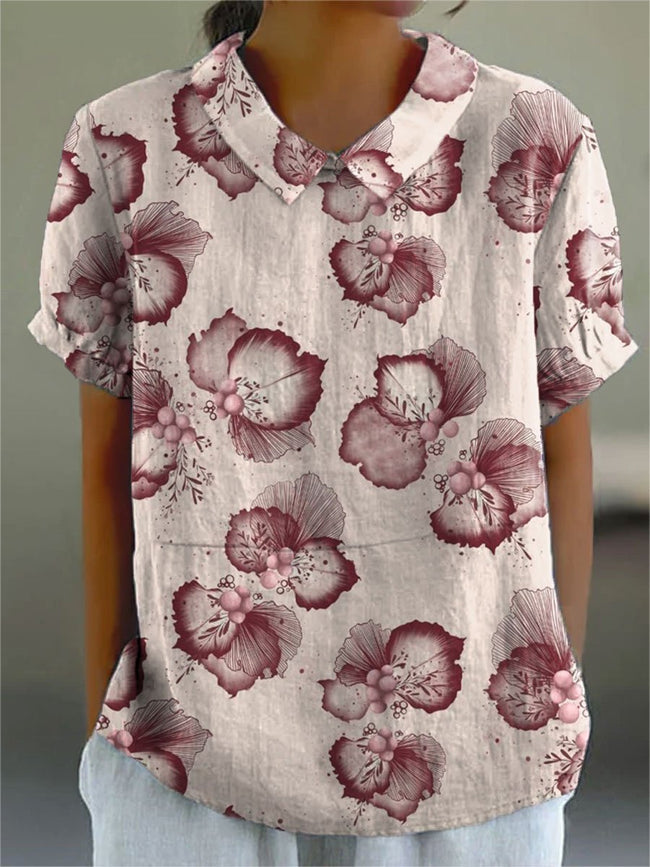 Women’s Flower Print Casual Cotton And Linen Shirt Multicolor / S