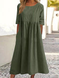 Cotton And Linen Casual Short Sleeve Pocket Pleated Loose Round Neck Dress Army Green / S