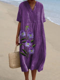 Embroidery Style Purple Pansy Floral Printed Women’s Flowy Dress / S