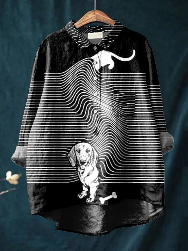 Women’s Funny Dog Art Print Casual Cotton And Linen Shirt Multicolor / S