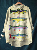 Women’s Fish Art Print Casual Cotton And Linen Shirt Multicolor / S