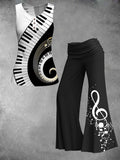 Women's black and white simple musical note vest wide-leg pants suit