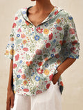 Women’s Floral Art Print Casual Linen V-Neck Shirt Multicolor / S