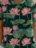 Women’s Vintage Lovely Elegant Lotus Art Print Casual Cotton And Linen Shirt