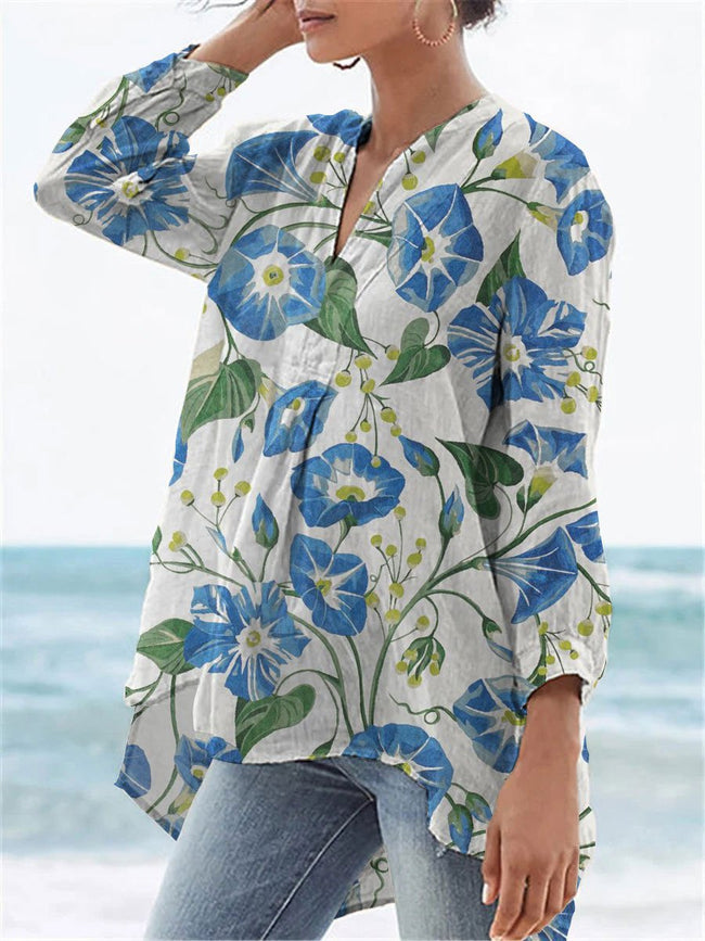 Women’s Flower Print Casual Linen V-Neck Shirt Multicolor / S