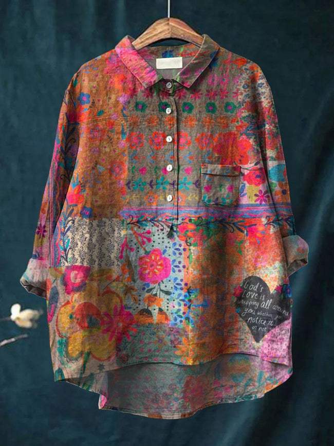 Women’s Vintage Flower Art Print Casual Cotton And Linen Shirt Multicolor / S