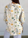 Women’s Yellow Green Elegant Small Flower Floral Print Casual Linen V-Neck Shirt