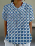 Women’s Flowers Abstract Geometry Casual Cotton And Linen Shirt Blue / S