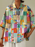 Multicolor Patchwork Pattern Printed Women’s Casual Cotton Linen Shirt / S