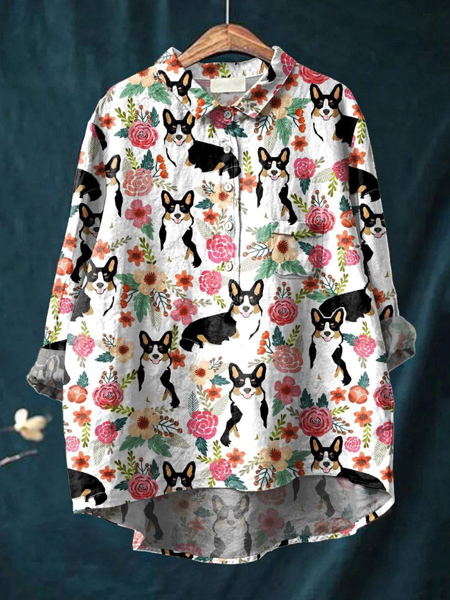 Women’s Funny Dog Art Print Casual Cotton And Linen Shirt Multicolor / S