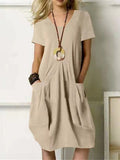 Women’s Solid Color Loose Elegant Casual Cotton And Linen Dress Khaki / S