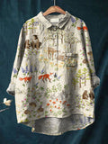 Women’s Vintage Lovely Woodland Animals Art Print Casual Cotton And Linen Shirt Multicolor / S