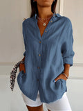 Women’s Single-Row Buttons Pleated Solid Color Shirt Blue / S