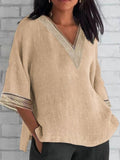 Women’s Summer V-Neck Cotton And Linen Solid Color Blouse Champagne / S