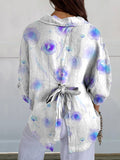 Dreamy Blue-Purple Flowers Women’s Print Casual Linen V-Neck Shirt