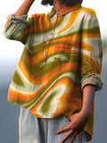 Hippie Style Swirl Pattern Printed Women’s Casual Cotton And Linen Shirt