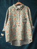 Women’s Vintage Lovely Floral Art Print Casual Cotton And Linen Shirt Beige / S