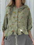 Women’s Vintage Floral Art Print Hooded Drawstring Linen Casual Blouse Multicolor / S