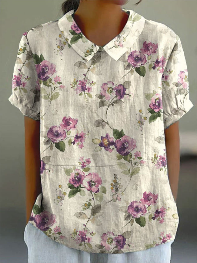 Women’s Flower Print Casual Cotton And Linen Shirt Multicolor / S