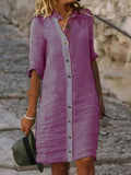 Women’s Spring Summer Mid-Sleeve Button Down Cotton And Linen Dress Purple / S