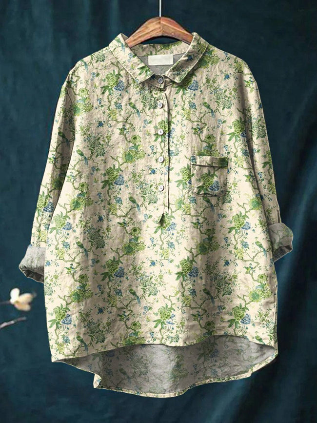 Women’s Floral Art Print Casual Cotton And Linen Shirt Multicolor / S