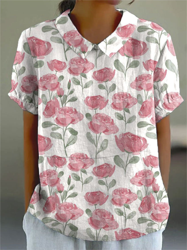 Women’s Rose Flower Print Casual Cotton And Linen Shirt Multicolor / S