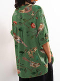 Women’s Vintage Lovely Birds Floral Art Print Casual Cotton And Linen Shirt