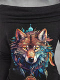 Women's Wolf Fall Art Print Off Shoulder Foldover Cinched Top