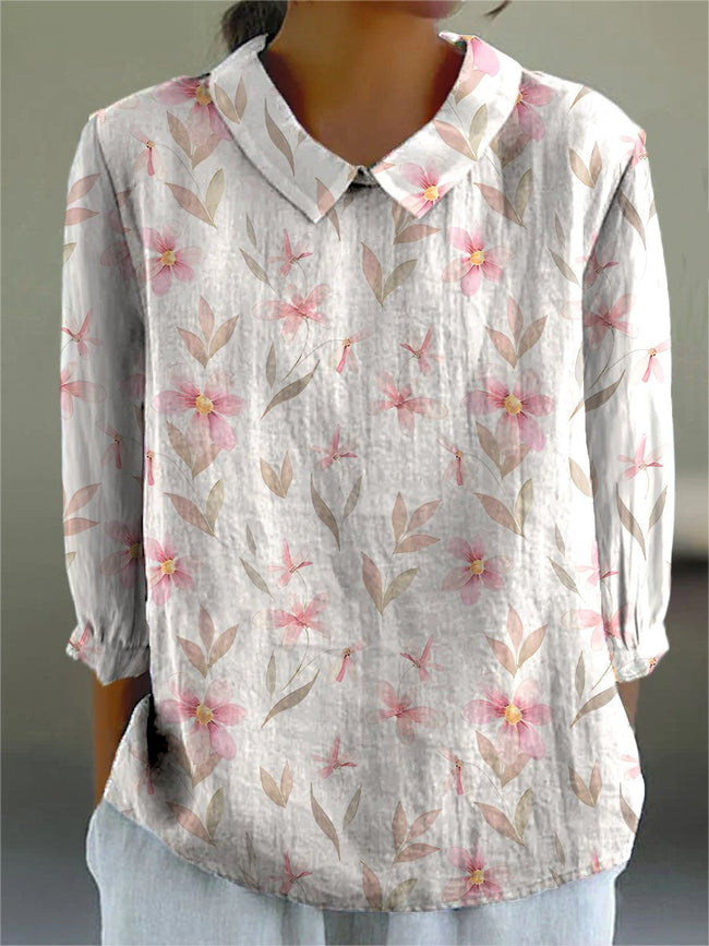 Women’s Retro Floral Art Print Casual Cotton And Linen 3/4 Sleeve Shirt Multicolor / S