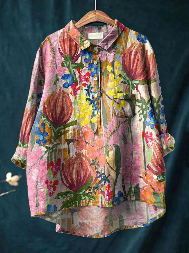 Women’s Multicolor Floral Art Print Casual Cotton And Linen Shirt / S