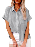 Women’s Solid Color Button Down Short Sleeve Shirt Grey / S