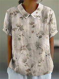 Blurred Style Watercolor Floral Pattern Printed Women's Casual Cotton And Linen Shirt