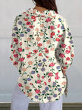 Women’s Red Apricot And Purple Elegant Small Flower Floral Print Casual Linen V-Neck Shirt