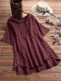 Women’s Plaid Cotton And Linen Button Down Long Tunic Shirt Burgundy(Shortsleeve) / M