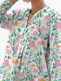 Watercolor Rose And Peony Repeat Pattern Printed Women’s Casual Linen V-Neck Shirt