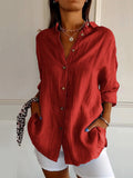 Women’s Single-Row Buttons Pleated Solid Color Shirt Red / S