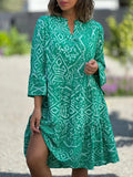 V-Neck Flare Sleeve Pattern Print Summer Dress Green / S