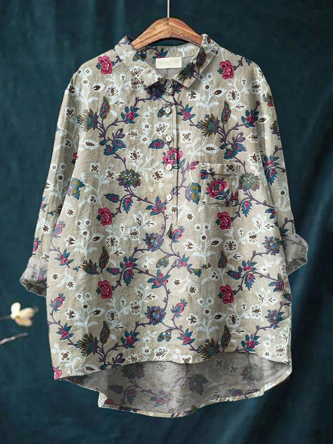 Women’s Floral Art Print Casual Cotton And Linen Shirt Multicolor / S