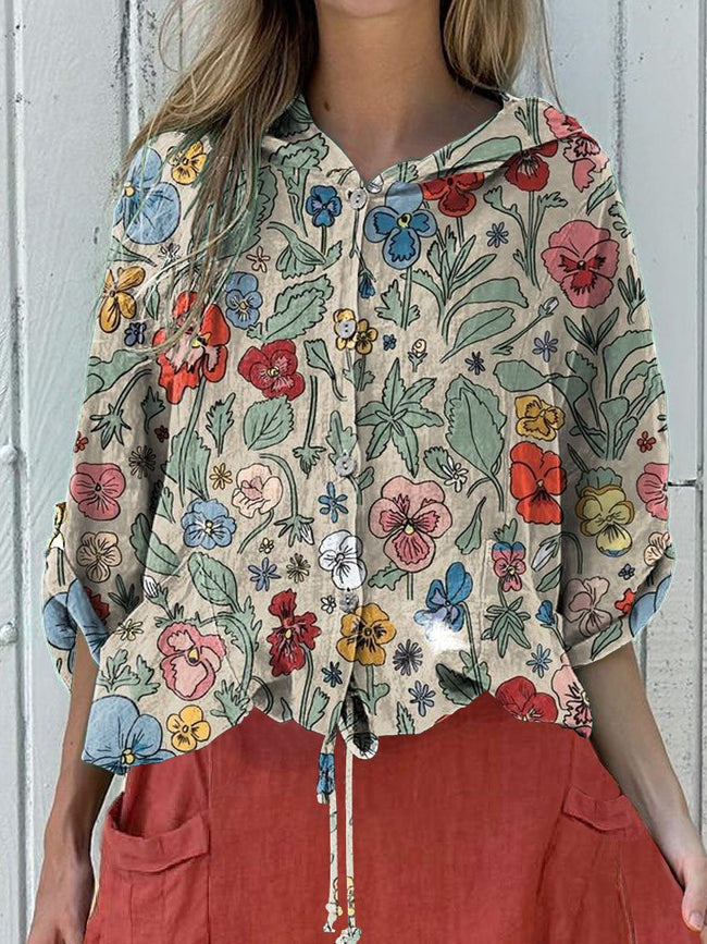 Women’s Colorful Simple Drawing Pastoral Flower Print Hooded Drawstring Linen Casual Blouse